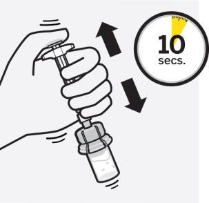 Mano che tiene un autoiniettore con ago esposto e cronometro che indica 10 secondi con frecce direzionali