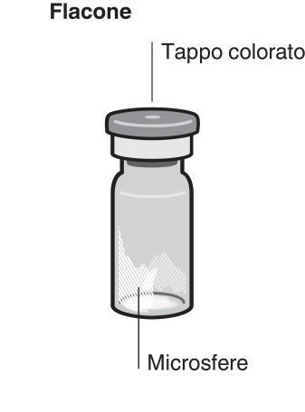 Flacone di vetro trasparente con polvere bianca interna e tappo colorato sigillato
