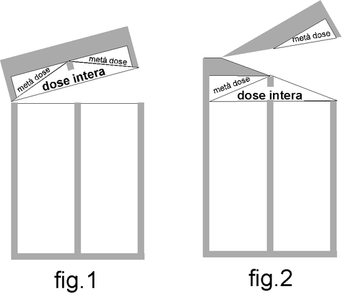 Rappresentazione schematica di due fiale divise in metà dose e dose intera con indicazioni testuali e frecce illustrative