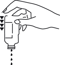 Mano che tiene un flacone medicinale da cui cadono gocce verso il basso con frecce nere che indicano la direzione