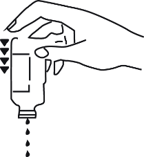 Mano che tiene una fiala con gocce che cadono, frecce nere indicano la direzione e il volume del liquido in uscita