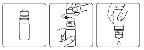 Fiala di vetro con tappo, mano che la agita e goccia che cade da un applicatore a punta