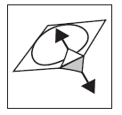 Schema che mostra una freccia curva con punta nera e un triangolo grigio sovrapposto a linee diagonali