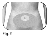 Area addominale con cerchio grigio che indica il sito di iniezione sottocutanea e cerchio bianco interno