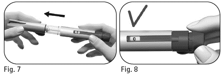 Penna per iniezione con ago inserito e correttamente premuto, freccia indica la preparazione e segno di spunta conferma l