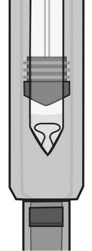 Ago di siringa con punta smussata e sezione trasversale che mostra il meccanismo interno di rilascio del farmaco