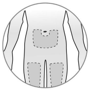 Torso umano stilizzato con evidenziate le aree di iniezione sottocutanea addominale contrassegnate da rettangoli tratteggiati