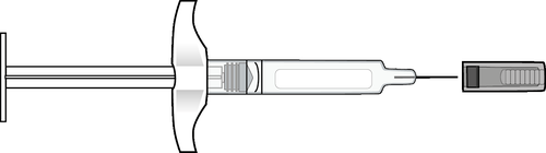 Siringa sterile bianca con ago metallico affilato e cappuccio protettivo nero scorrevole all