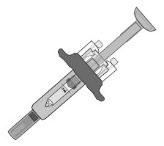 Siringa preriempita con ago protetto da cappuccio di sicurezza nero e corpo cilindrico grigio