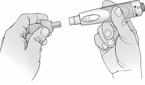 Mano che tiene un dispositivo per iniezione con ago protettivo e corpo cilindrico grigio e bianco