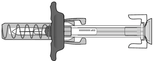 Siringa preriempita con stantuffo a molla e protezione per ago trasparente con indicazioni di scadenza stampate