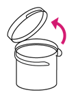 Contenitore cilindrico aperto con coperchio sollevato indicato da una freccia rosa curva
