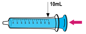 Siringa graduata blu con indicazione 10ml e freccia rosa che indica la direzione di estrazione del pistone