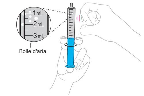 Siringa graduata da 3ml con liquido blu e bolla d