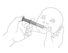 Mani che somministrano farmaco tramite siringa senza ago nella bocca di un neonato, illustrazione schematica