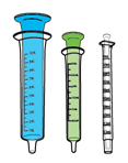 Tre siringhe schematiche di colori diversi blu, verde e trasparente con indicatori di volume graduati