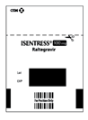 Confezione di ISENTRESS® Raltegravir, con spazio nero rettangolare e codice a barre per uso farmaceutico