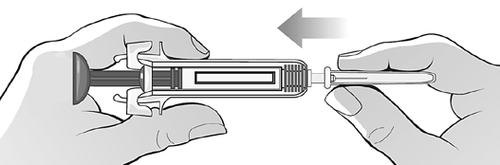 Due mani che tengono una siringa preriempita con ago esposto e freccia che indica la direzione di iniezione