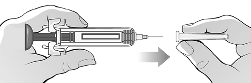 Mani che tengono una siringa preriempita e un adattatore, freccia che indica il collegamento dell