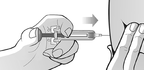 Mano che impugna una siringa preraempita con ago inserito nel braccio, freccia indica la direzione dell