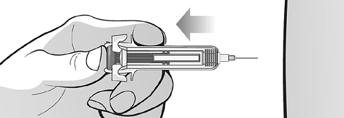 Mano che tiene una siringa preriempita con ago inserito, freccia grigia indica la direzione di iniezione e componenti interni visibili