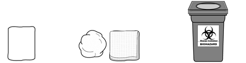 Contenitore per oggetti taglienti grigio con simbolo biohazard, garza bianca arrotolata, tampone e involucro rettangolare bianco