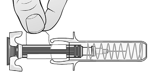 Siringa preriempita con stantuffo a molla visibile e ago protetto da cappuccio di sicurezza trasparente