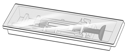 Dispositivo precompilato con siringa e ago visibili all
