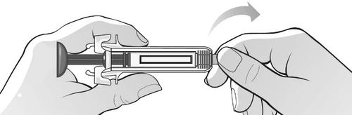 Siringa pre-riempita tenuta da due mani con ago esposto e freccia curva che indica la direzione di inserimento