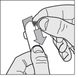 Mano che afferra una cartuccia medicinale con una freccia grigia che indica la direzione di inserimento