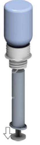 Fiala medicinale blu con collo filettato e stantuffo grigio sporgente, freccia bianca indica la direzione verso il basso