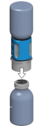 Fiala medicinale con tappo grigio e connettore blu, freccia bianca indica la rimozione del tappo e l