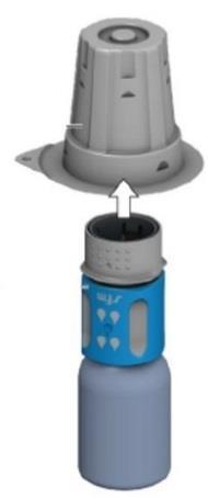 Dispositivo medico con cilindro blu e connettore grigio superiore freccia bianca indica inserimento