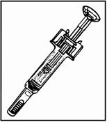 Siringa preriempita trasparente con ago metallico collegato e scala graduata visibile lungo il corpo