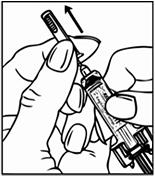 Mano che tiene una siringa preriempita con ago inserito a 45 gradi nella pelle con freccia direzionale