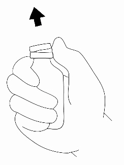 Mano che stringe una fiala di vetro con il collo assottigliato e la parte superiore spezzata indicata da una freccia