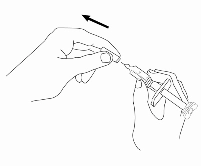 Mano che tiene una siringa preriempita con ago inserito nel sottocute e freccia nera che indica la direzione dell