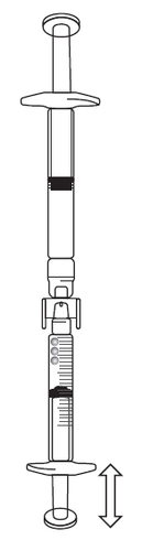Siringa preriempita trasparente con scala graduata e pistone bianco, freccia che indica direzione di movimento