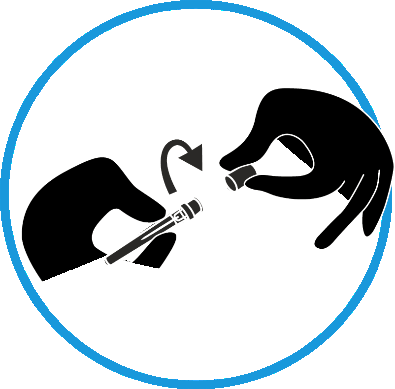 Due mani che assemblano una siringa preriempita con ago, freccia curva indica il movimento di connessione