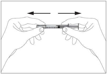 Due mani tengono una siringa preriempita con un farmaco trasparente e due frecce indicano la direzione di movimento del pistone