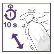 Mano che stringe il dispositivo autoiniettore con freccia rivolta verso l