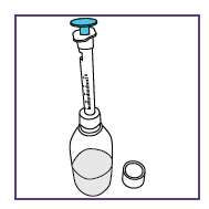 Fiala di vetro trasparente con liquido e tappo blu, accanto un anello di gomma sigillante