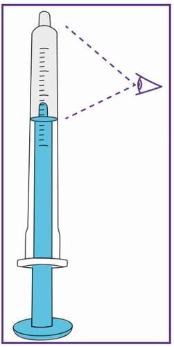 Siringa trasparente con liquido blu e scala graduata, con un occhio stilizzato che indica il punto di iniezione lungo una linea tratteggiata