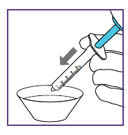 Gocce di liquido blu che cadono da un contagocce in una ciotola bianca con una freccia grigia che indica la direzione