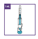 Siringa preriempita graduata da 1mL con stantuffo blu e cappuccio protettivo trasparente su fondo azzurro