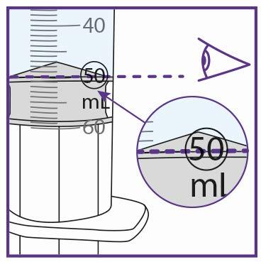 Siringa graduata con scala da 40 a 60 ml, dettaglio ingrandito del menisco del liquido a livello dei 50 ml visto ad altezza occhi