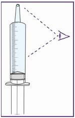 Siringa trasparente con stantuffo e ago stilizzato che punta verso il basso con traiettoria indicata da linee tratteggiate