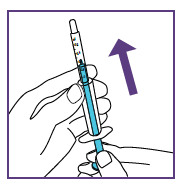 Mano che tiene una penna per iniezione blu con ago visibile e freccia viola che indica la direzione di inserimento