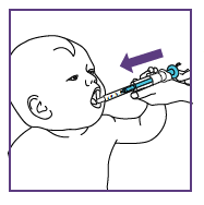 Bambino che riceve farmaco orale tramite siringa senza ago, freccia blu indica la direzione di somministrazione