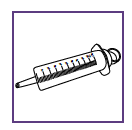 Siringa graduata con ago metallico collegato, disegno schematico su sfondo bianco con bordo viola